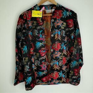 CHICOS Black Red Blue Size 2 Silk Nehru Collar Embroidered Mandarin Jacket NEW
